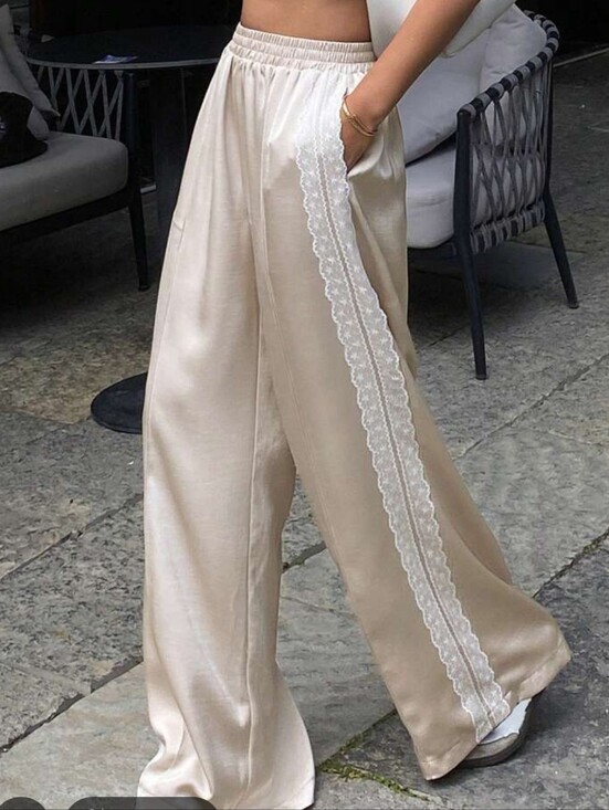 Pants - Satin-like Wide Leg Pants Featuring A Delicate Side Lace Detail, With Pockets